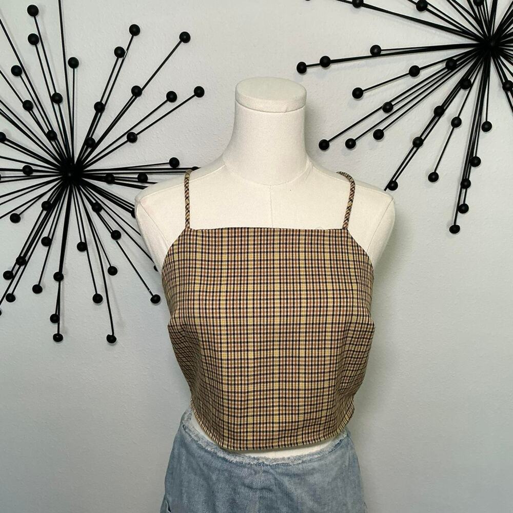 Bershka plaid crop cami top brown tan checkered Y2K minimalist